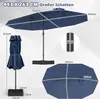 A collage of images showing a large navy blue patio umbrella in various states and dimensions, with measurement callouts. Náhľad obrázku produktu