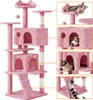 A pink cat tree with multiple levels and features, shown with cats interacting with it in inset images. Produktbild-Vorschau