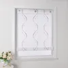 A white sheer roller blind with embroidered purple wavy lines and dots is shown hanging in a window frame. A small bouquet of white flowers in a teal pot sits on a surface to the left. Produktbild-Vorschau
