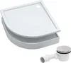 A white quarter-circle shower tray with a grey support structure and a white drain assembly are shown against a white background. Produktbild-Vorschau