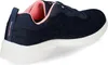 A side view of a navy blue Skechers sneaker with pink accents and a white sole. Produktbild-Vorschau