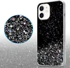 A black phone case with glitter is shown next to a magnified view of the glitter pattern. Náhled obrázku produktu