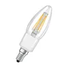 A single LED filament light bulb with a clear, candle-shaped glass enclosure and a white base with a silver screw fitting. Produktbild-Vorschau