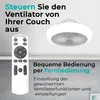 A ceiling fan with a remote control, presented with marketing text on a light gray background. Produktbild-Vorschau