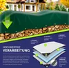A green tarp covering a stack of firewood, with a diagram illustrating the layers of the tarp. Podgląd zdjęcia produktu