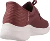 A side view of a red Skechers slip-on shoe with a white sole. Voir les images du produit