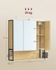 A wall-mounted bathroom cabinet with mirrors and open shelving, showing dimensions and weight capacity. Náhled obrázku produktu