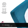 A close-up of a teal fitted sheet corner, with marketing icons and text on the left. Produktbild-Vorschau