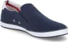 A single navy blue slip-on sneaker is shown from a side angle against a white background. Náhled obrázku produktu