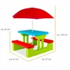 A colorful children's picnic table with benches and a red umbrella, with dimensions indicated by text overlays. Podgląd zdjęcia produktu