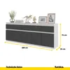 A white and gray sideboard with decorative items on top, shown against a white background with dimension labels. Produktbild-Vorschau