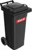 A black trash bin with wheels and a lid, featuring a red logo with white text. Anteprima dell’immagine prodotto