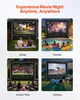 Collage of four scenes showing an inflatable movie screen being used in different outdoor settings: garden, poolside, outdoor party, and camping. Náhľad obrázku produktu