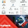 A collage of product features and a lifestyle shot of a person interacting with a TV. Produktbild-Vorschau