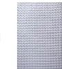 A close-up, top-down view of a fluffy, high-pile, rectangular rug with a textured, scalloped pattern in silver.