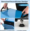 A collage of images showing different features of a blue dehumidifier, including handles, a mesh filter, and adjustable feet. Voir les images du produit