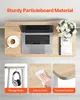 A top-down view of a small folding desk with a laptop, coffee cup, and flowers, along with three smaller inset images highlighting features like storage hooks, ease of cleaning, and rounded corners. Podgląd zdjęcia produktu