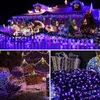 A collage of images showing Christmas lights decorating a house, a decorated tree, and gift-shaped light displays. Produktbild-Vorschau