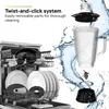 A dishwasher filled with dishes and a blender with its parts disassembled, surrounded by water splashes. Produktbild-Vorschau