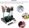 A 3D printer with a green print on its platform, surrounded by marketing images of people using 3D printed items. Produktbild-Vorschau