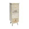 A tall, narrow wooden cabinet with four drawers, each with a different decorative front, is shown against a white background. Podgląd zdjęcia produktu
