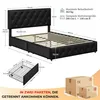 A diagram of a black upholstered bed frame with dimensions and specifications, along with two shipping boxes. Podgląd zdjęcia produktu