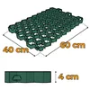 A 3D rendering of a green plastic grid for ground stabilization, with dimensions indicated. Produktbild-Vorschau