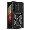 A black phone case with a ring holder and a sliding camera cover is shown on a white background. Produktbild-Vorschau