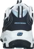 The back view of a navy and white Skechers sneaker. Produktbild-Vorschau