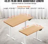 Two adjustable standing desks with wooden tops and white legs are shown in a room with curtains in the background. Dimensions are indicated with orange lines and text. Voir les images du produit