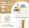 Collage of images showing a set of two round coffee tables with marble-look tops and gold metal frames, highlighting features like stable metal construction, adjustable feet, and an X-shaped base. Podgląd zdjęcia produktu