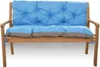 A blue and gray cushion on a wooden bench.