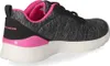 Side view of a black and gray Skechers sneaker with pink accents. Produktbild-Vorschau