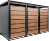 A three-door trash bin enclosure with a metal frame and wood-effect panels. Produktbild-Vorschau