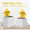 Marketing image showing stacks of paper representing page yield for black and color ink cartridges. Produktbild-Vorschau