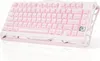 A pink and white mechanical keyboard is shown from a diagonal angle against a white background. Produktbild-Vorschau