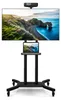 A black rolling TV stand with a large screen displaying a landscape image and a laptop on a shelf below. Náhled obrázku produktu