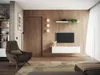 A modern living room with a TV, a chair, and a bookshelf. Anteprima dell’immagine prodotto