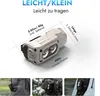 A product image showing a flashlight with dimensions and weight, along with lifestyle shots of it attached to clothing and a backpack. Produktbild-Vorschau