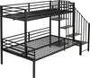 A black metal bunk bed with stairs and wooden shelves, shown against a white background. Produktbild-Vorschau