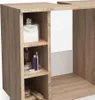 A close-up view of a wooden bathroom vanity cabinet with shelves holding various toiletries and a tissue box. Náhled obrázku produktu