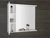 A white medicine cabinet with a mirror is mounted on a dark wood-paneled wall. Various toiletries are displayed on the shelves and the bottom ledge. Produktbild-Vorschau