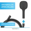 A black shower head and hose are shown against a white background, with text overlays highlighting features. Produktbild-Vorschau