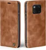 A brown leather flip case for a smartphone is shown from two angles. Produktbild-Vorschau