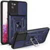 Two views of a dark blue and black phone case with a sliding camera cover and a ring holder. Produktbild-Vorschau