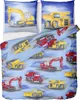 A flat lay of children's bedding with construction vehicle prints. Produktbild-Vorschau