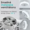 Collage showing a white ceiling fan with a close-up of its mounting bracket and examples of its installation angles on a ceiling. Náhled obrázku produktu