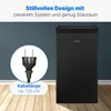 A black Bomann refrigerator is shown next to a graphic of an electrical plug and text indicating cable length. Produktbild-Vorschau