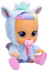 A baby doll wearing a blue unicorn costume with rainbow hair and a pink pacifier. Voir les images du produit
