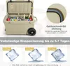 A tan cooler with ice and bottles inside, with diagrams showing ice retention. Náhľad obrázku produktu
